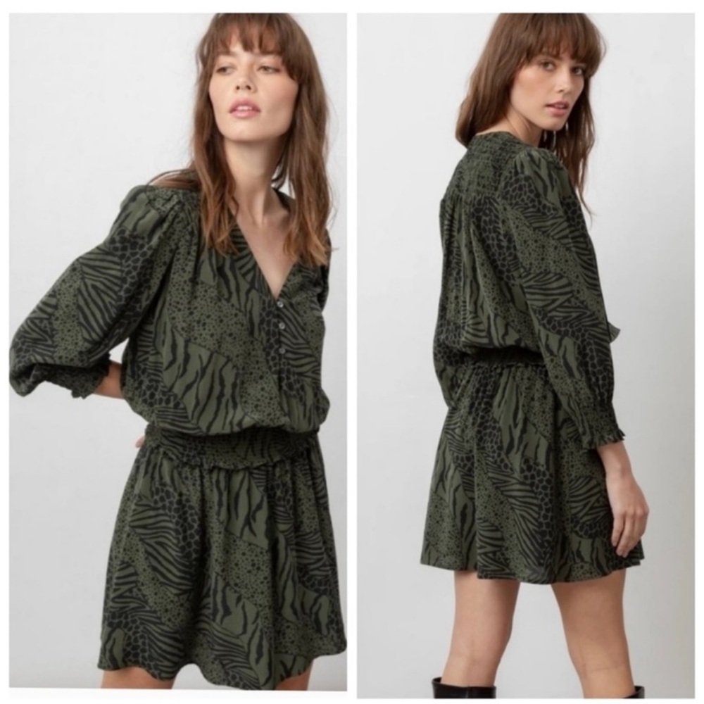 RAILS Zana Olive Mixed Animal Stripe Dress Smocked Waist Size Medium‎